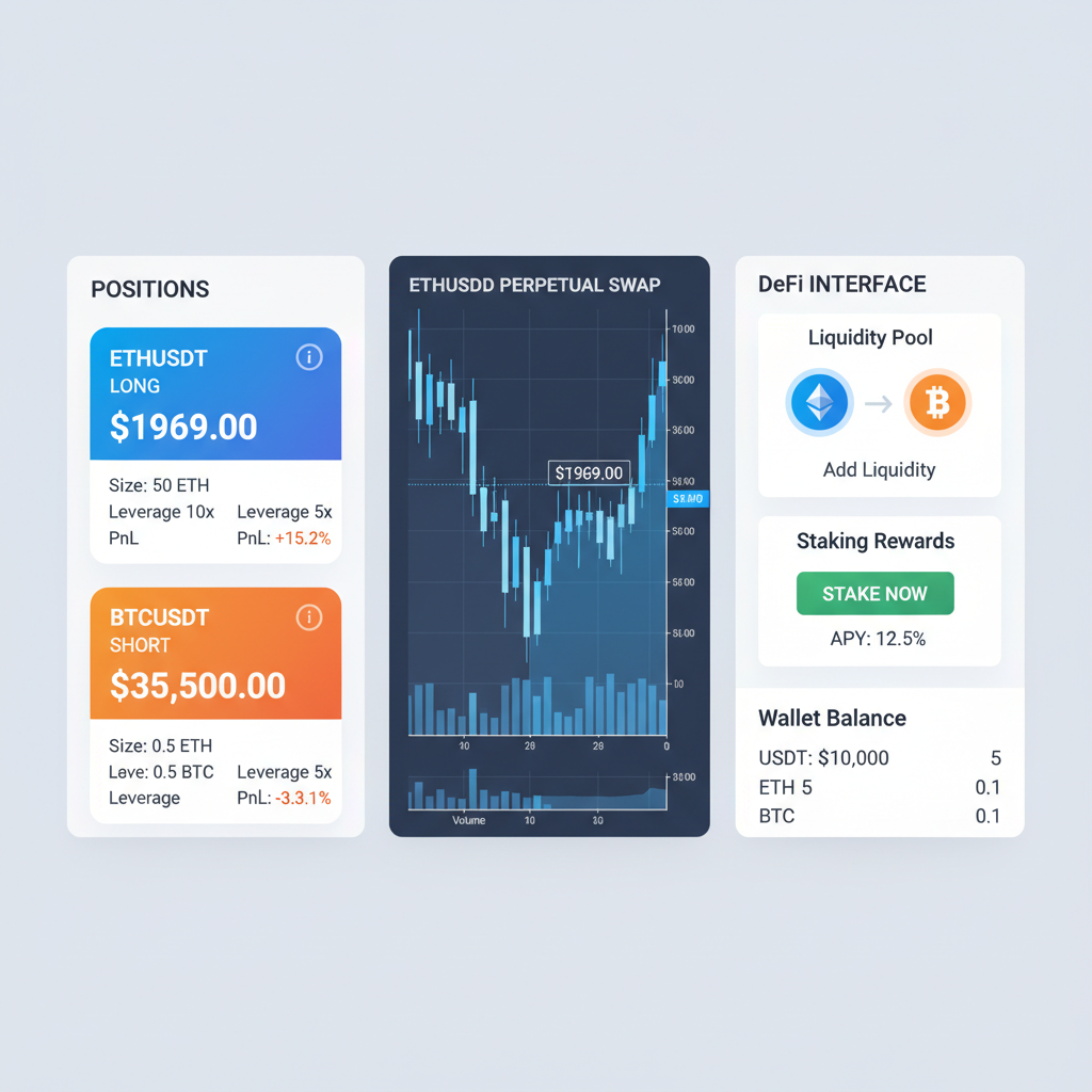 professional trading dashboard sizing ETH BTC positions, charts with $1969 ETH price, DeFi interface
