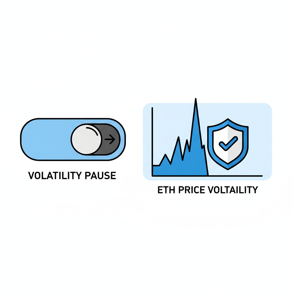 toggle switch for volatility pause, ETH price volatility chart spiking, protective shield icon