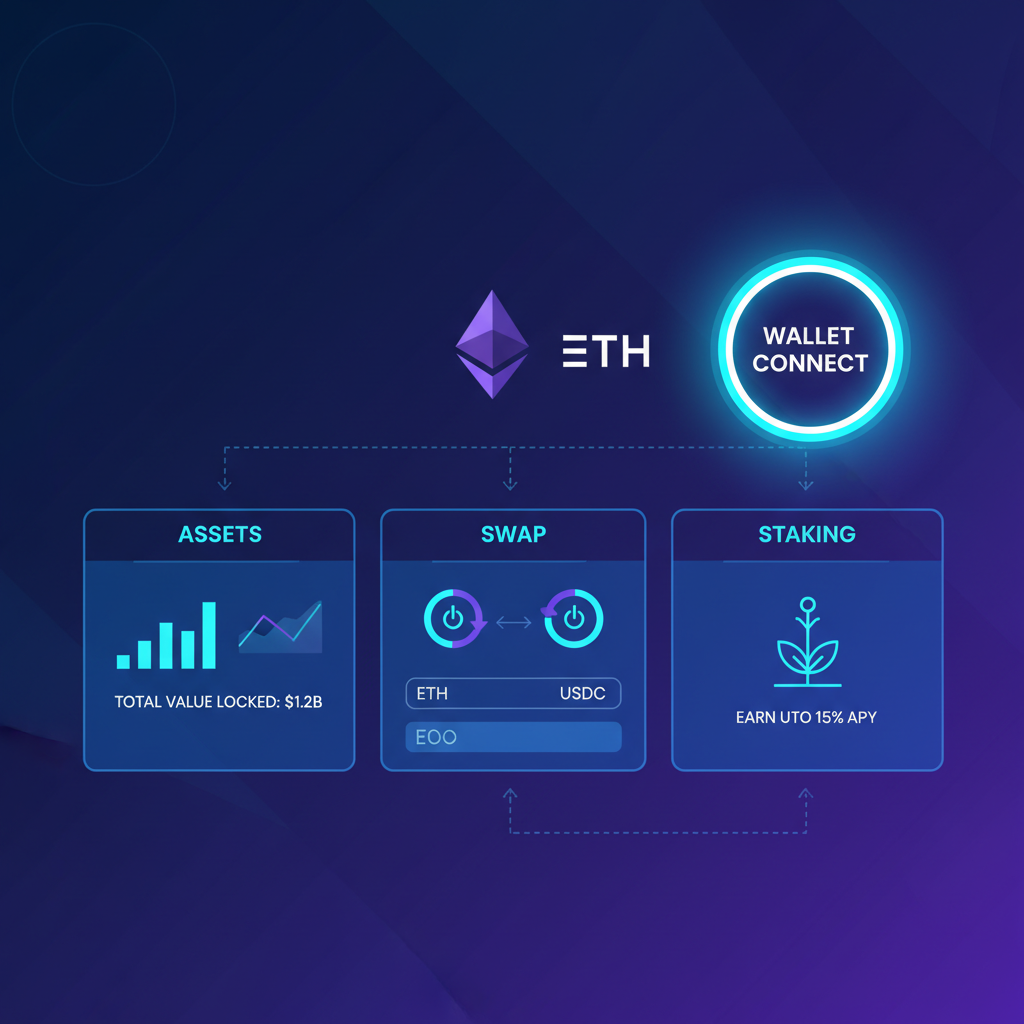 sleek DeFi dashboard with wallet connect button glowing, futuristic UI, neon blues, Ethereum logo