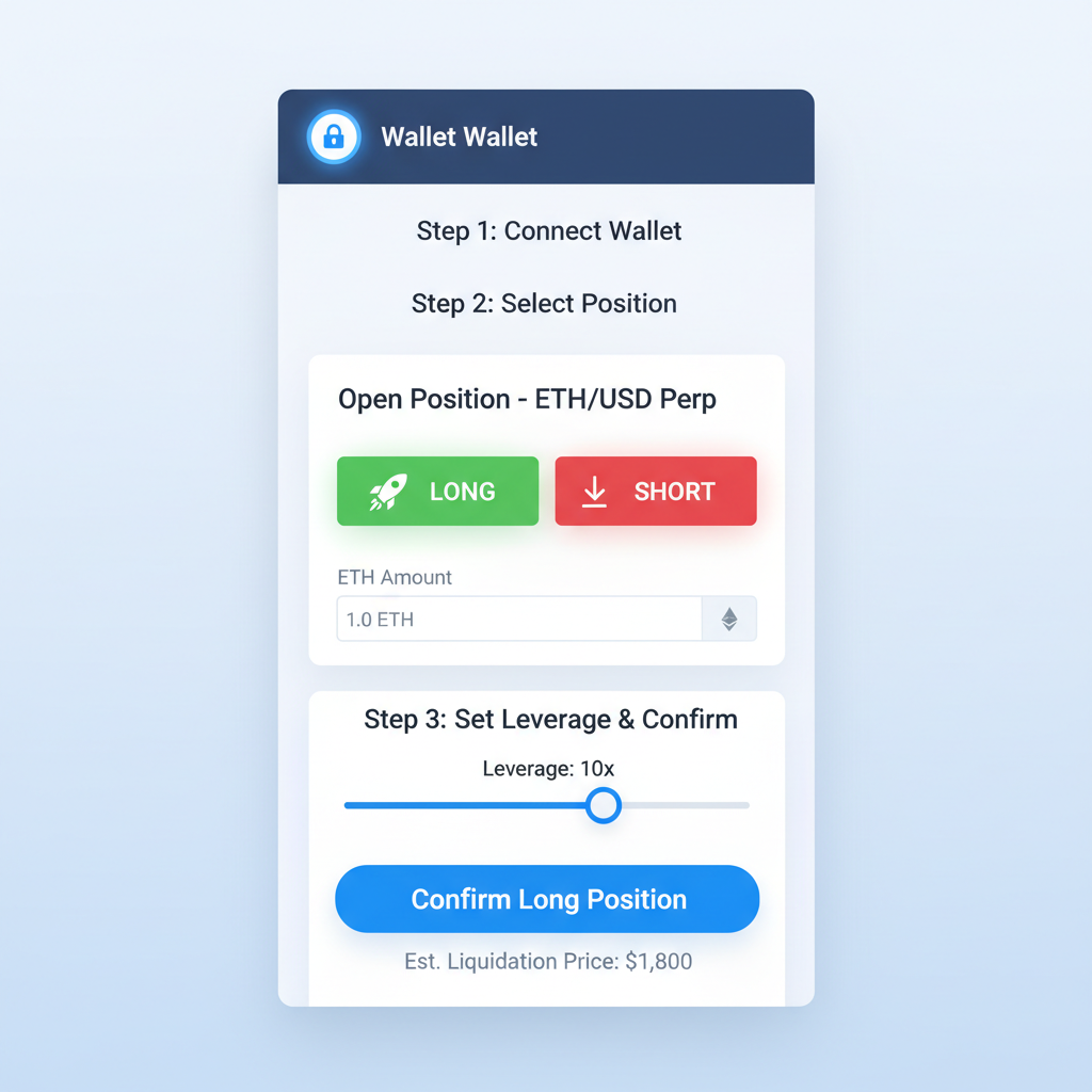 DeFi app interface opening ETH long perp position, wallet connect, leverage slider