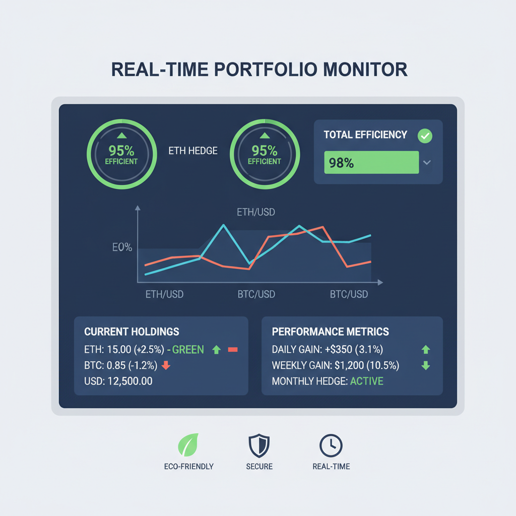 real-time portfolio monitor screen with ETH BTC hedge metrics, green efficiency indicators