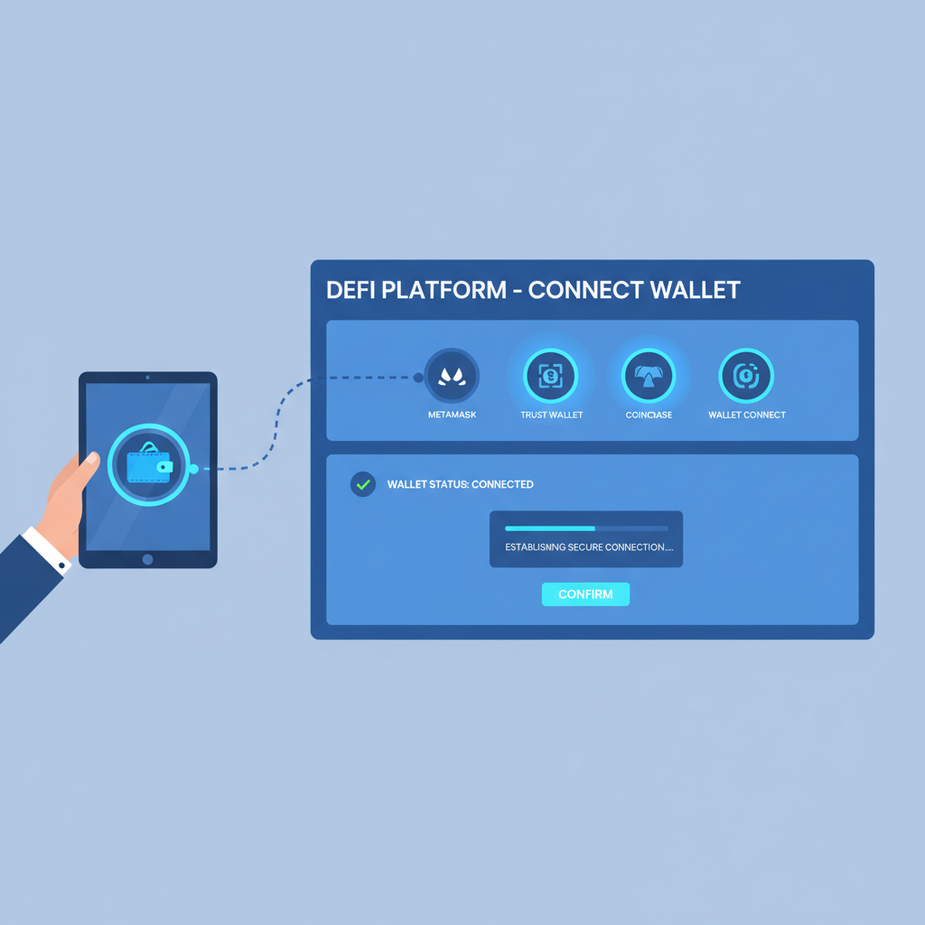 user connecting crypto wallet to DeFi platform dashboard, secure futuristic UI, blue tones