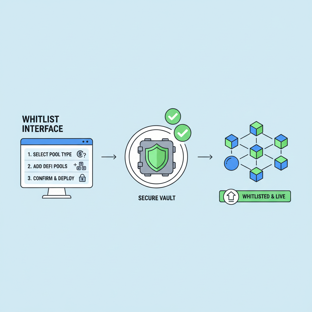 whitelist interface adding DeFi pools, green checkmarks, secure vault icons, blockchain nodes