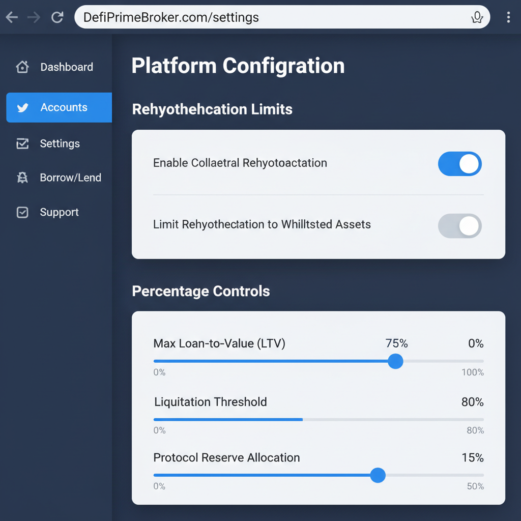 Screenshot of DeFiPrimeBroker.com settings panel, toggle switches for rehypothecation limits, sliders for percentages, professional dashboard interface