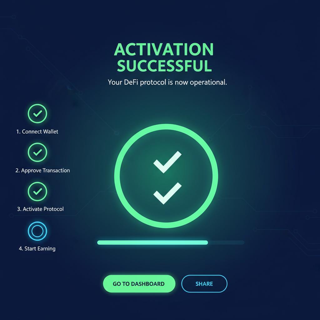 confirmation screen with checkmarks, successful activation glow, futuristic DeFi success UI