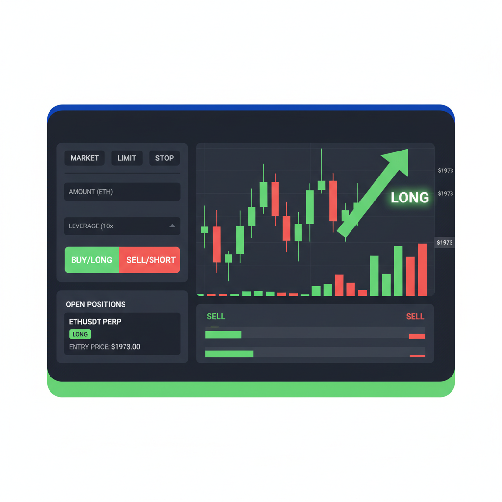ETH perp trading interface, green long arrow at $1973 price chart, bullish candlesticks, dark mode UI