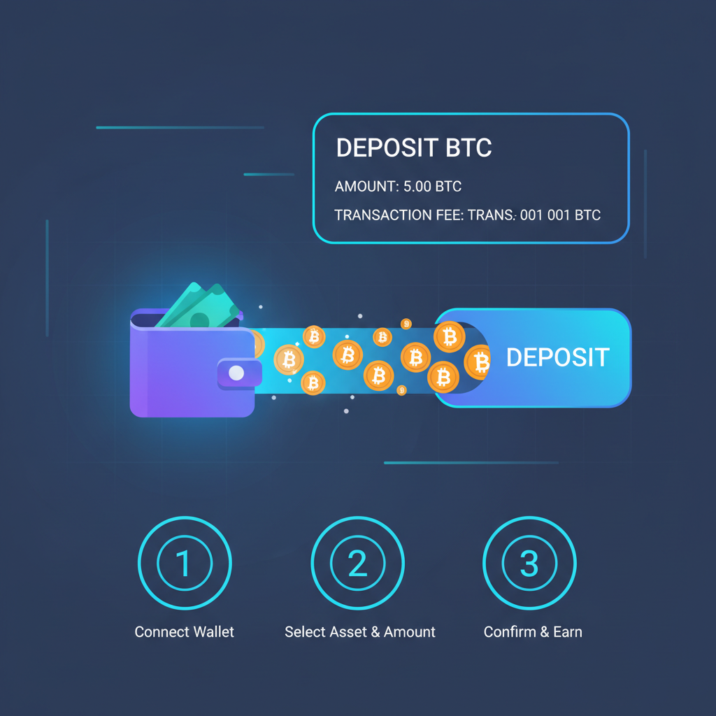 sleek DeFi dashboard depositing glowing BTC coins, wallet connection beam, futuristic neon interface