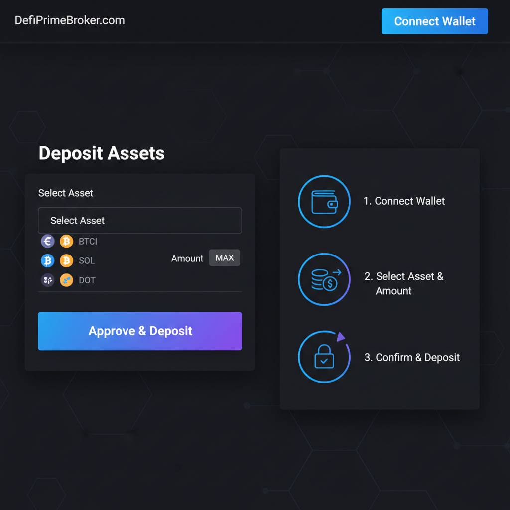 Clean screenshot of DeFiPrimeBroker.com deposit page, wallet connect button, asset selection dropdown, futuristic dark UI with blockchain icons