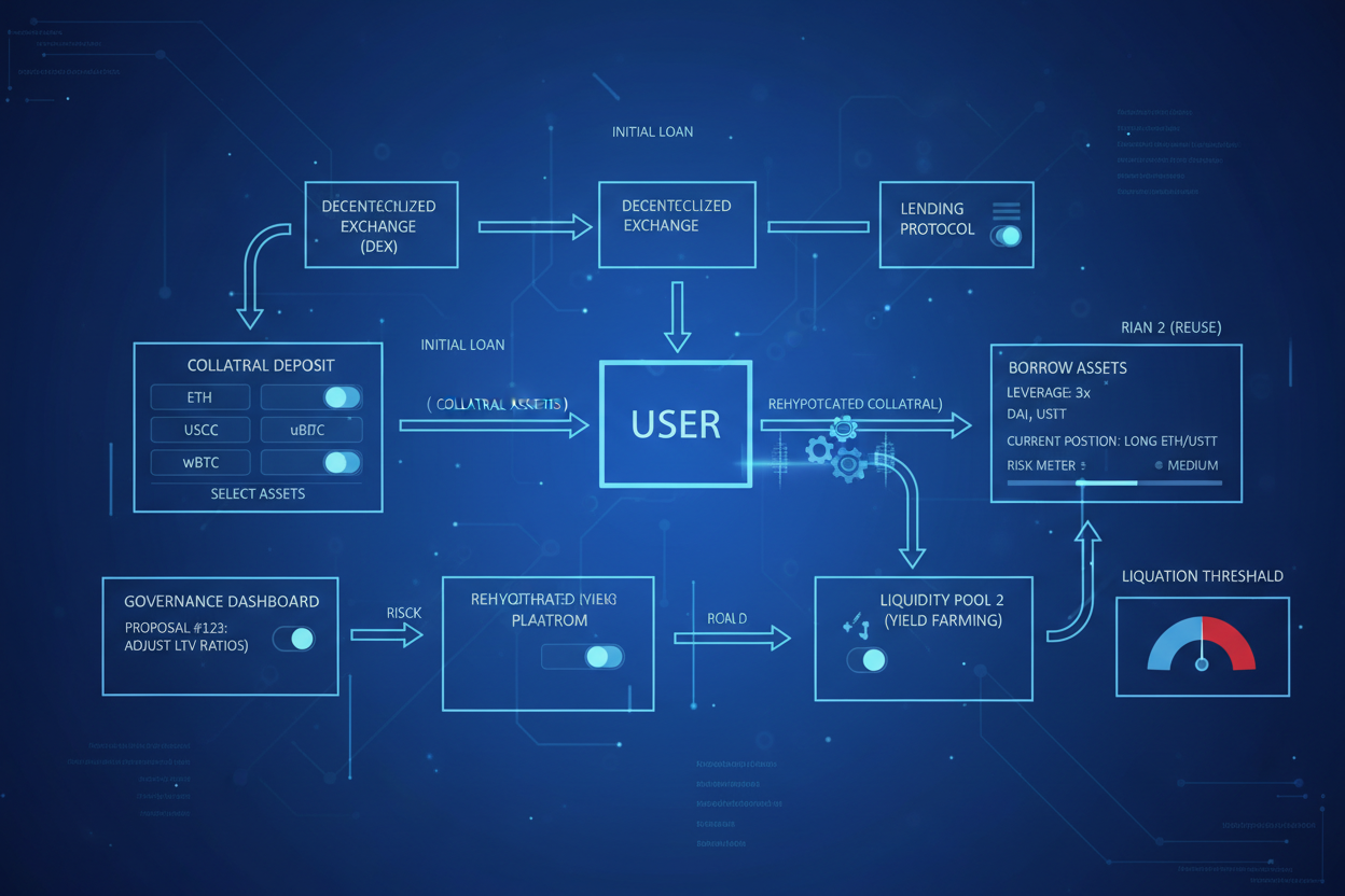 Dynamic illustration of rehypothecation flow in DeFi margin trading on onchain prime brokers showing collateral movement and customizable toggles for transparency and control