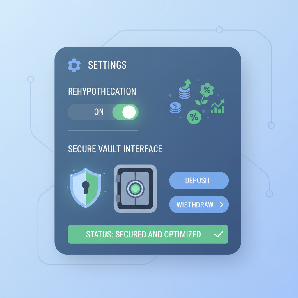 DeFi settings panel toggling rehypothecation on, yield icons, secure vault interface